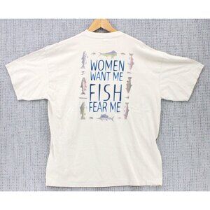 Vintage Go Fish Shirt Mens 2XL Beige Women Want Me Fish Fear Me Graphic Art Y2k